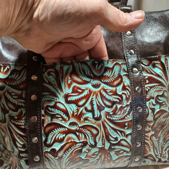 Brown and Green Embossed All Leather Patricia Nash Tote - Picture 5 of 16